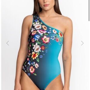 Johnny Was Blue Ombre Garden One Shoulder Floral Swimsuit NWT Small Summer